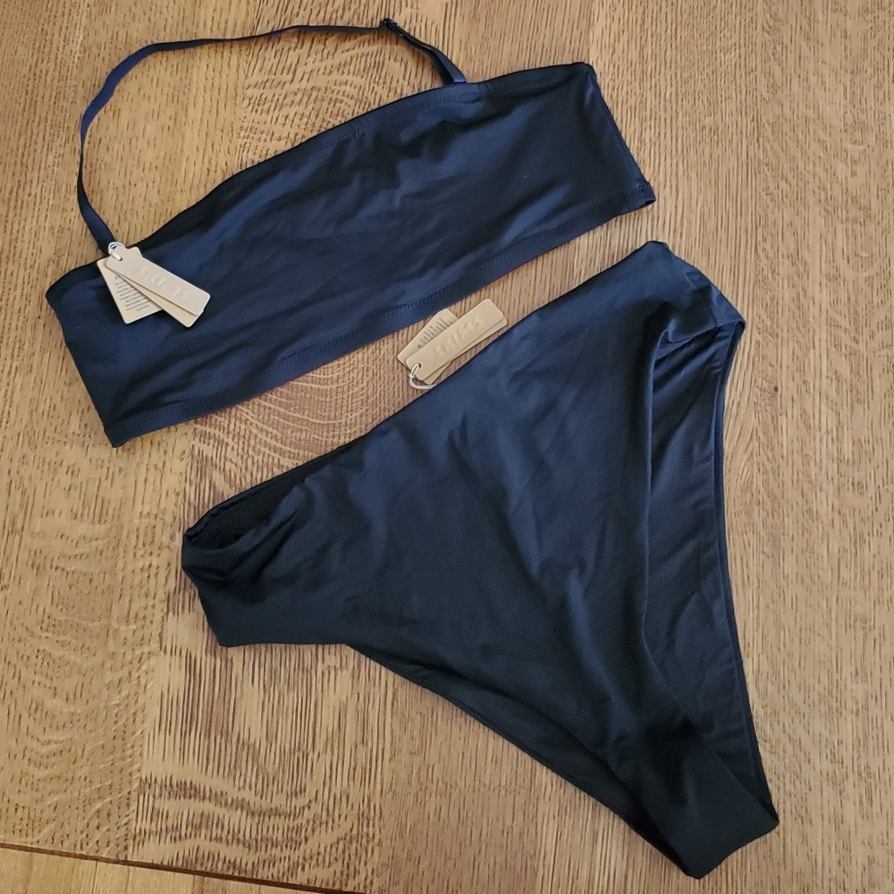 Skims Swim Bikini Set (bandeau top, mid-waist bottoms) in onyx